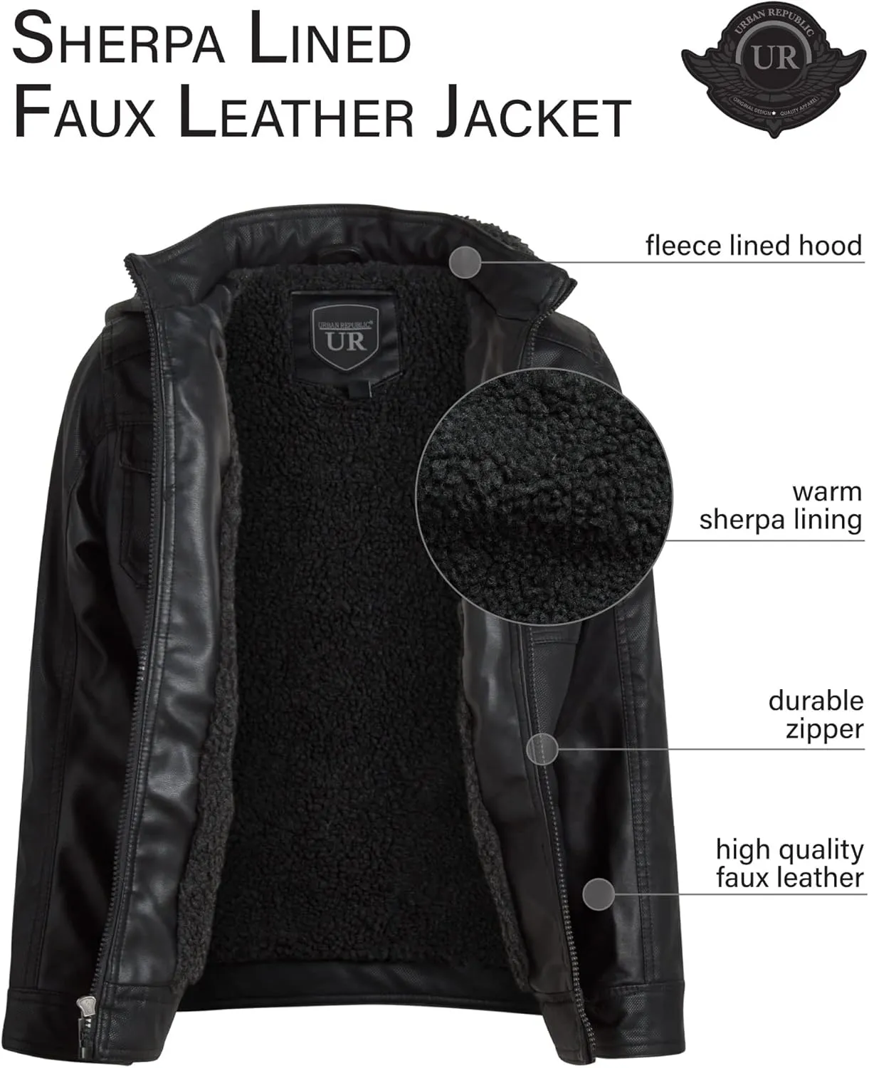 URBAN REPUBLIC Boys Jacket  Faux Leather Biker Jacket  Casual Sherpa Lined Moto Jacket with Sweatshirt Hood (4-20)