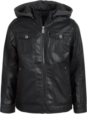 URBAN REPUBLIC Boys Jacket  Faux Leather Biker Jacket  Casual Sherpa Lined Moto Jacket with Sweatshirt Hood (4-20)