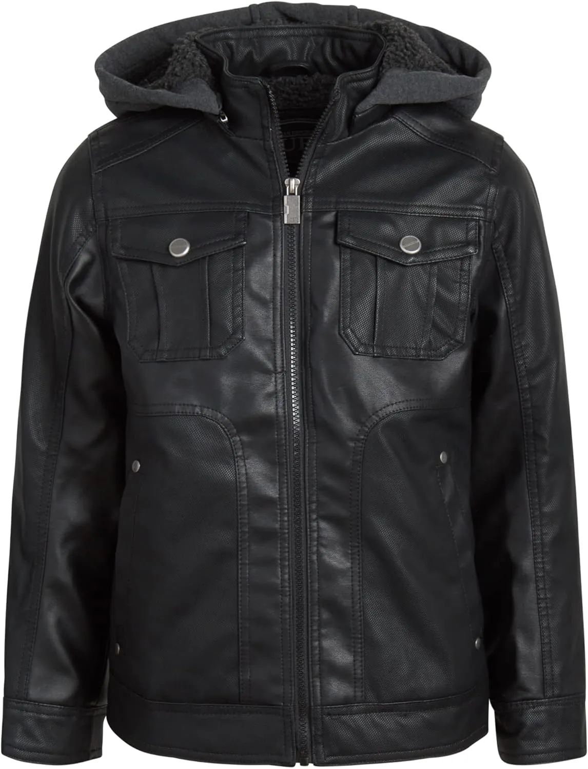 URBAN REPUBLIC Boys Jacket  Faux Leather Biker Jacket  Casual Sherpa Lined Moto Jacket with Sweatshirt Hood (4-20)