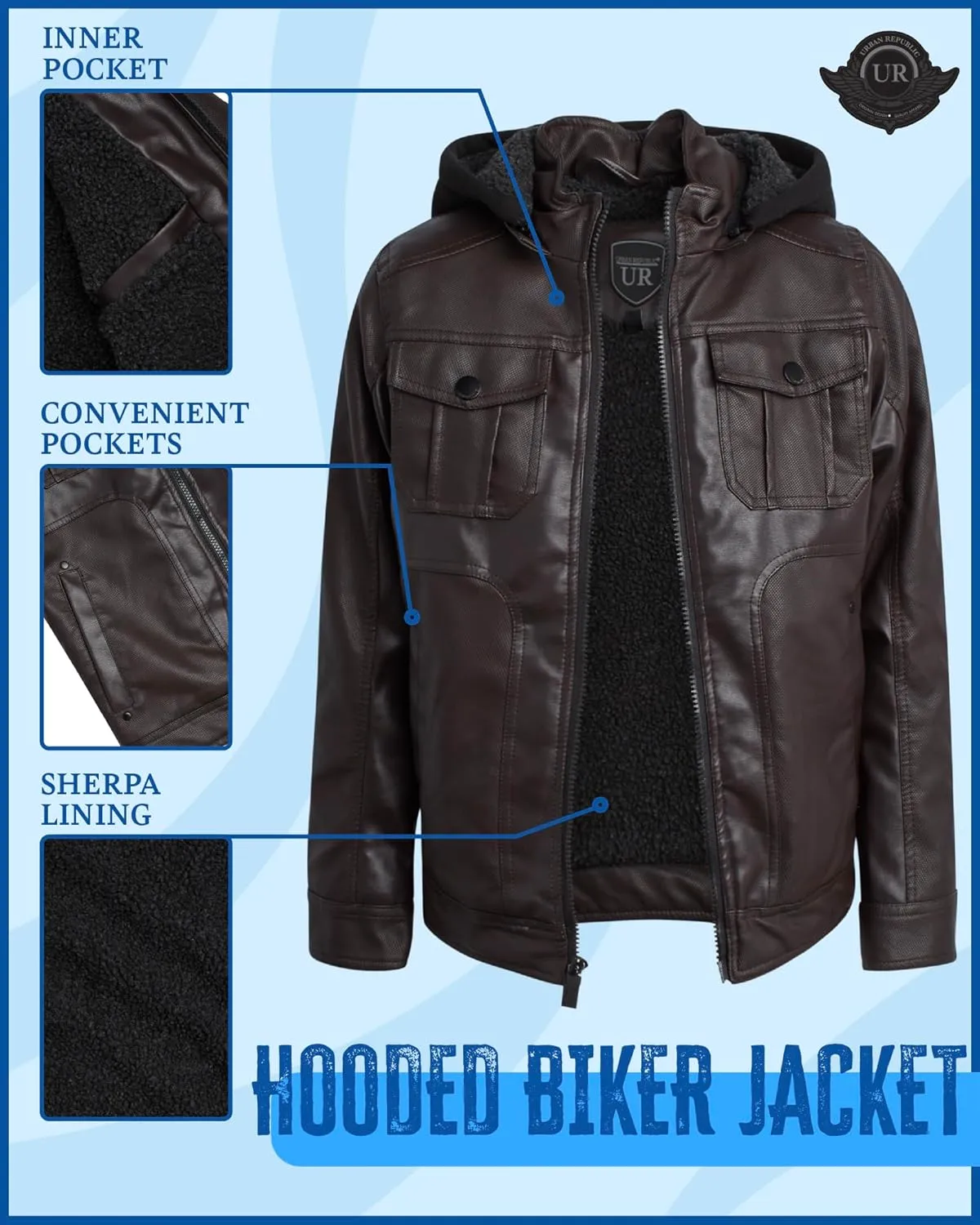 URBAN REPUBLIC Boys Jacket  Faux Leather Biker Jacket  Casual Sherpa Lined Moto Jacket with Sweatshirt Hood (4-20)
