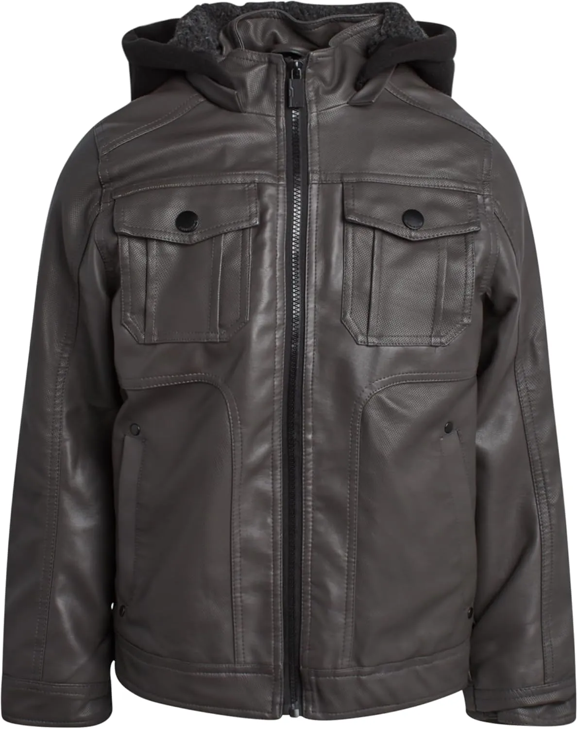 URBAN REPUBLIC Boys Jacket  Faux Leather Biker Jacket  Casual Sherpa Lined Moto Jacket with Sweatshirt Hood (4-20)