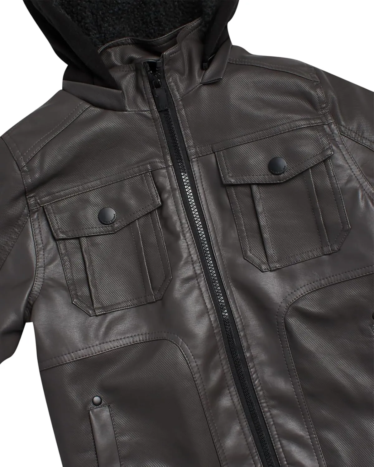 URBAN REPUBLIC Boys Jacket  Faux Leather Biker Jacket  Casual Sherpa Lined Moto Jacket with Sweatshirt Hood (4-20)