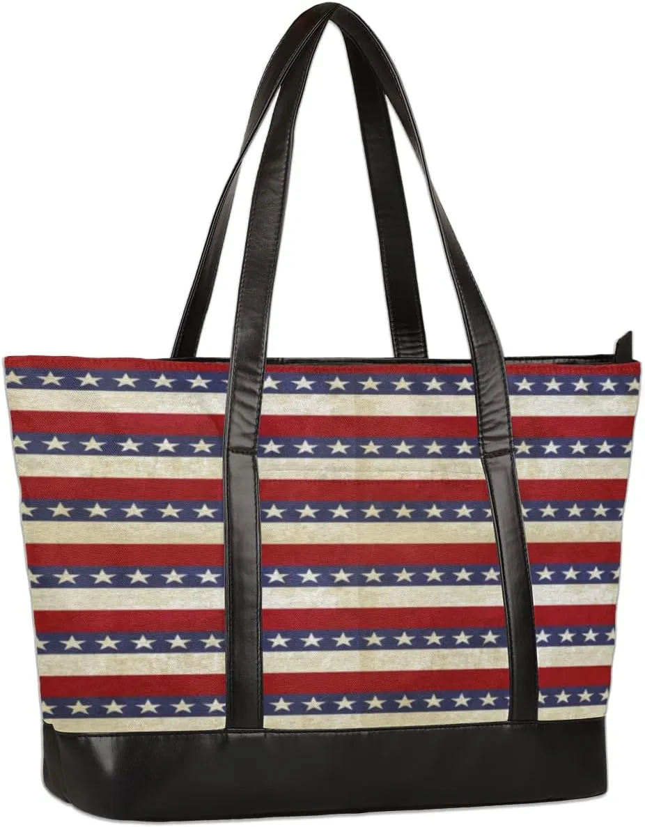 Vintage American Flag Laptop Tote Bag for Women Work Bags Purse Teacher Shoulder Bag fits 13-15.6 inch Laptop Cute Briefcase Handbag