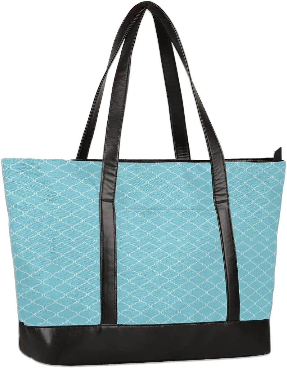 Vintage Arabic Pattern Tote Bag with Laptop Compartment Turquoise Women Work Computer Bag Casual Briefcase Handbag for Travel Office College, Fits Laptop 15.6 inch