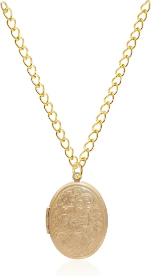 Vintage Engraved Flower Empaistic Photo Locket Hold Picture Oval Round Pendant Necklace Antique Carved Pattern Souvenir Memorial Clavicle Jewelry for Women