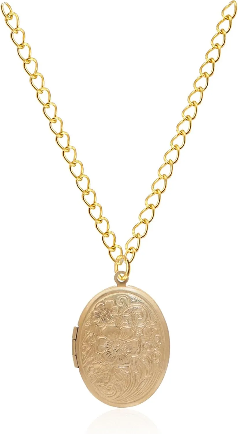 Vintage Engraved Flower Empaistic Photo Locket Hold Picture Oval Round Pendant Necklace Antique Carved Pattern Souvenir Memorial Clavicle Jewelry for Women