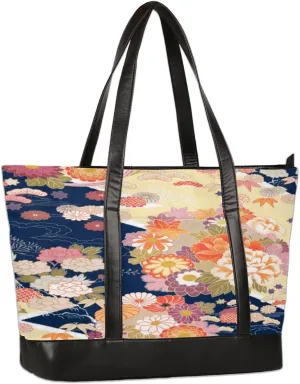 Vintage Japanese Flower Tote Bag with Laptop Compartment Women Work Computer Bag Casual Briefcase Handbag for Travel Office College, Fits Laptop 15.6 inch