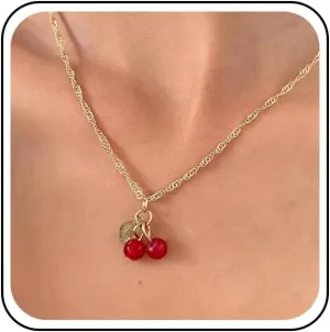 Vintage Red Cherry Pendant Necklace Fruit Cherry Choker Necklaces Red Cherry Necklaces Gold Chain Necklace Jewelry for Women