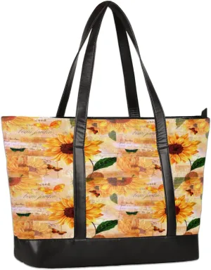 Vintage Sunflowers Tote Bag with Laptop Compartment Butterflies Women Work Computer Bag Casual Briefcase Handbag for Travel Office College, Fits Laptop 15.6 inch