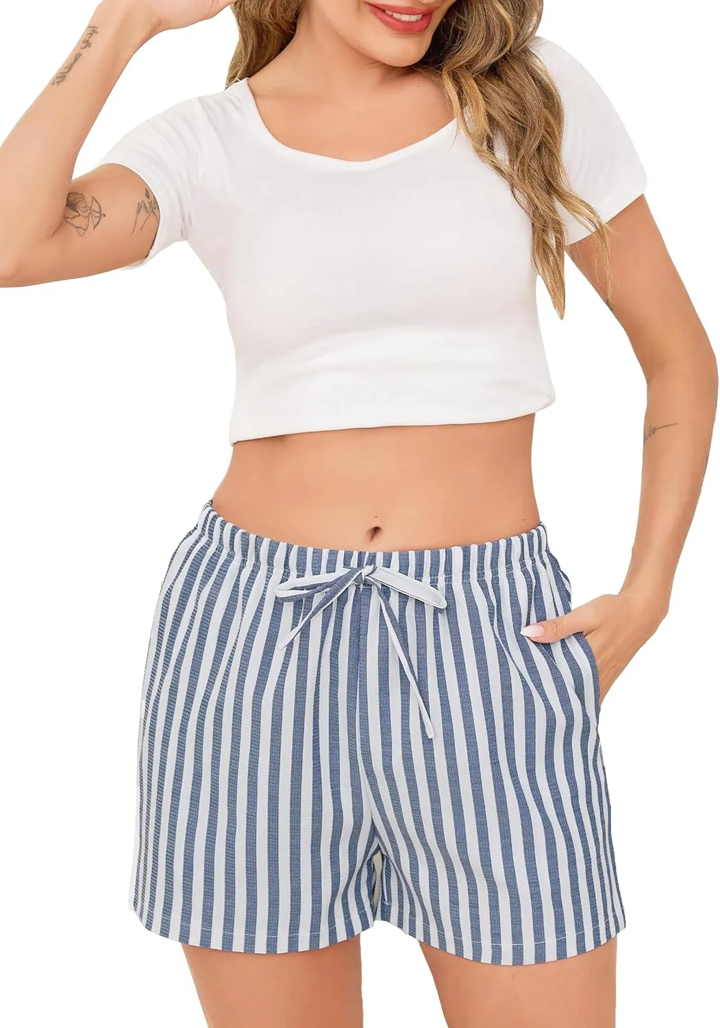 Vlazom Sleep Shorts for Women Pajamas Shorts Cute Stripe Shorts Sleep Boxer Shorts with Pocket S-XXL