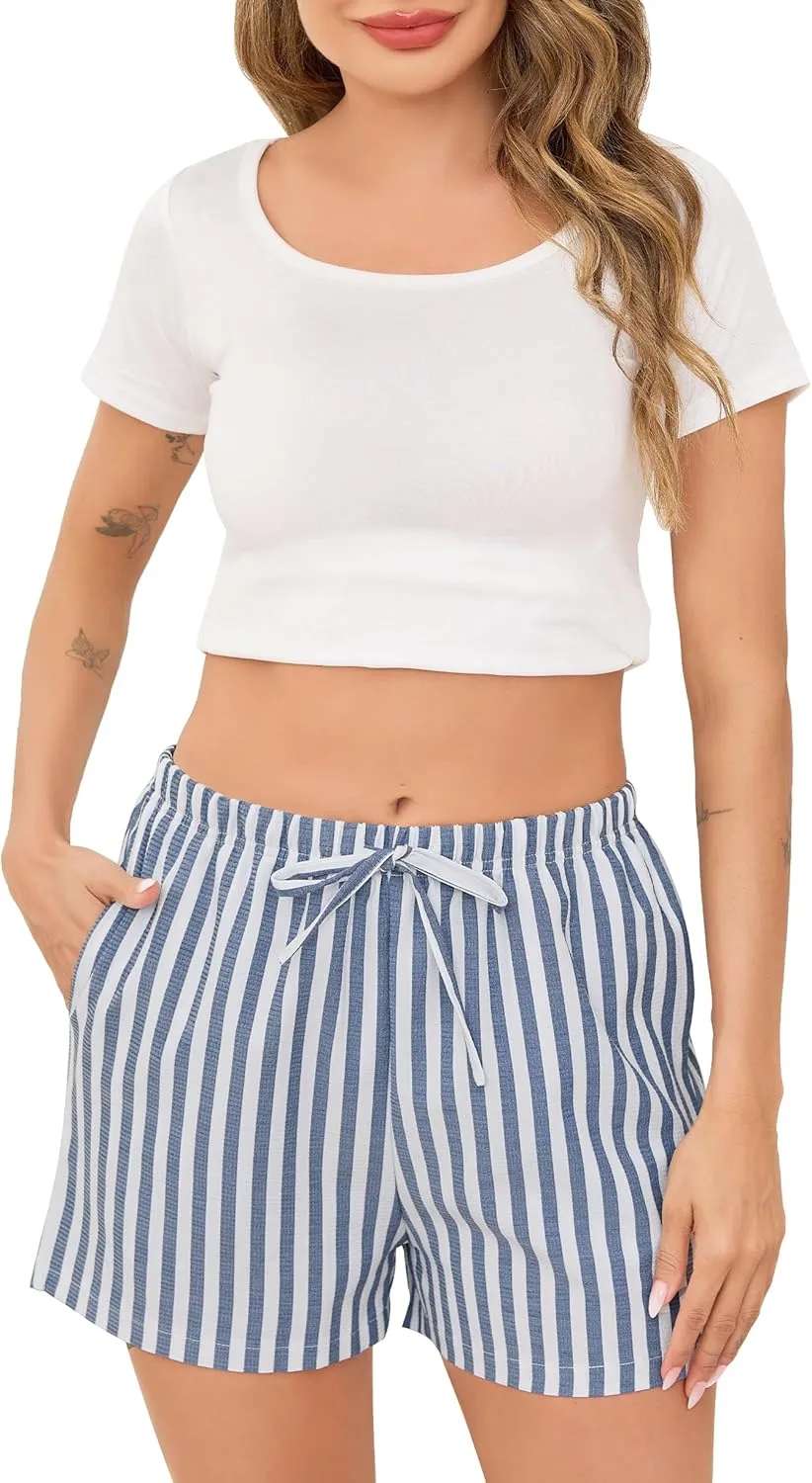 Vlazom Sleep Shorts for Women Pajamas Shorts Cute Stripe Shorts Sleep Boxer Shorts with Pocket S-XXL