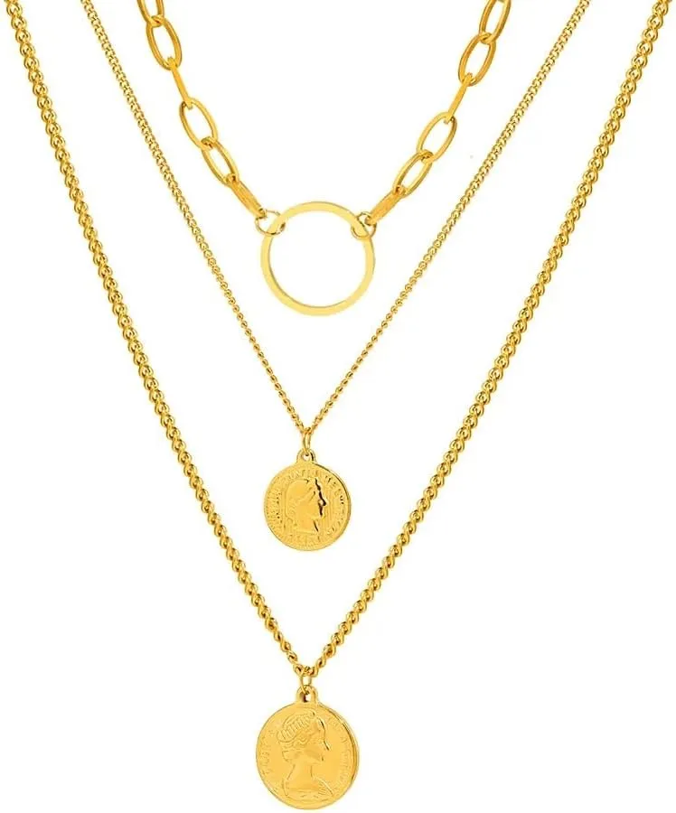 VUTRIEU2K Coin Pendants Layer Chain Hip Hop Necklace Choker Stainless Steel Necklace For Women Jewelry (Gold Color)
