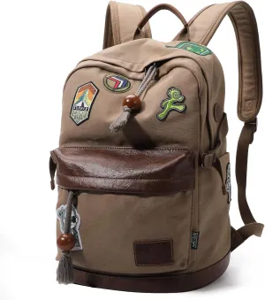 WAY ONE Vintage Canvas with Leather Backpack for Men Women,Retro Pro Backpack Waterproof Rucksack Knapsack Hiking Travel Outdoor,Genuine Leather Laptop Casual Daypack,Brown
