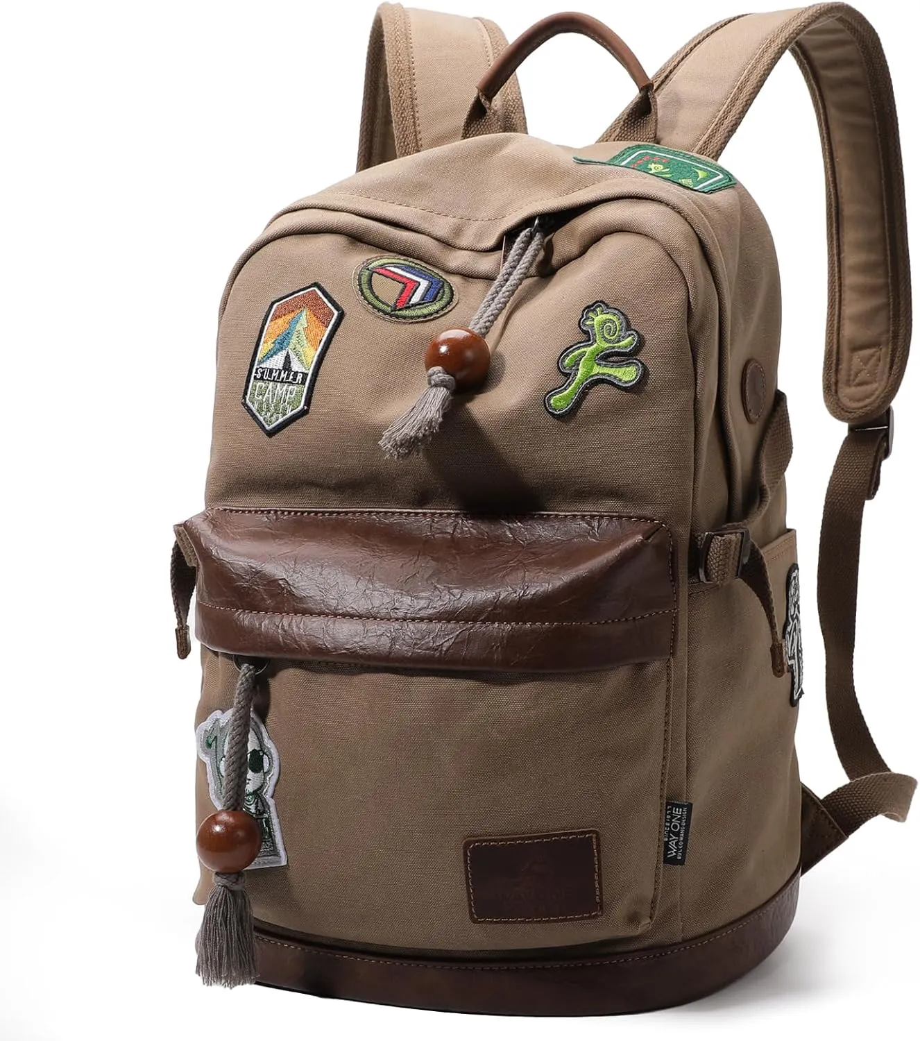 WAY ONE Vintage Canvas with Leather Backpack for Men Women,Retro Pro Backpack Waterproof Rucksack Knapsack Hiking Travel Outdoor,Genuine Leather Laptop Casual Daypack,Brown