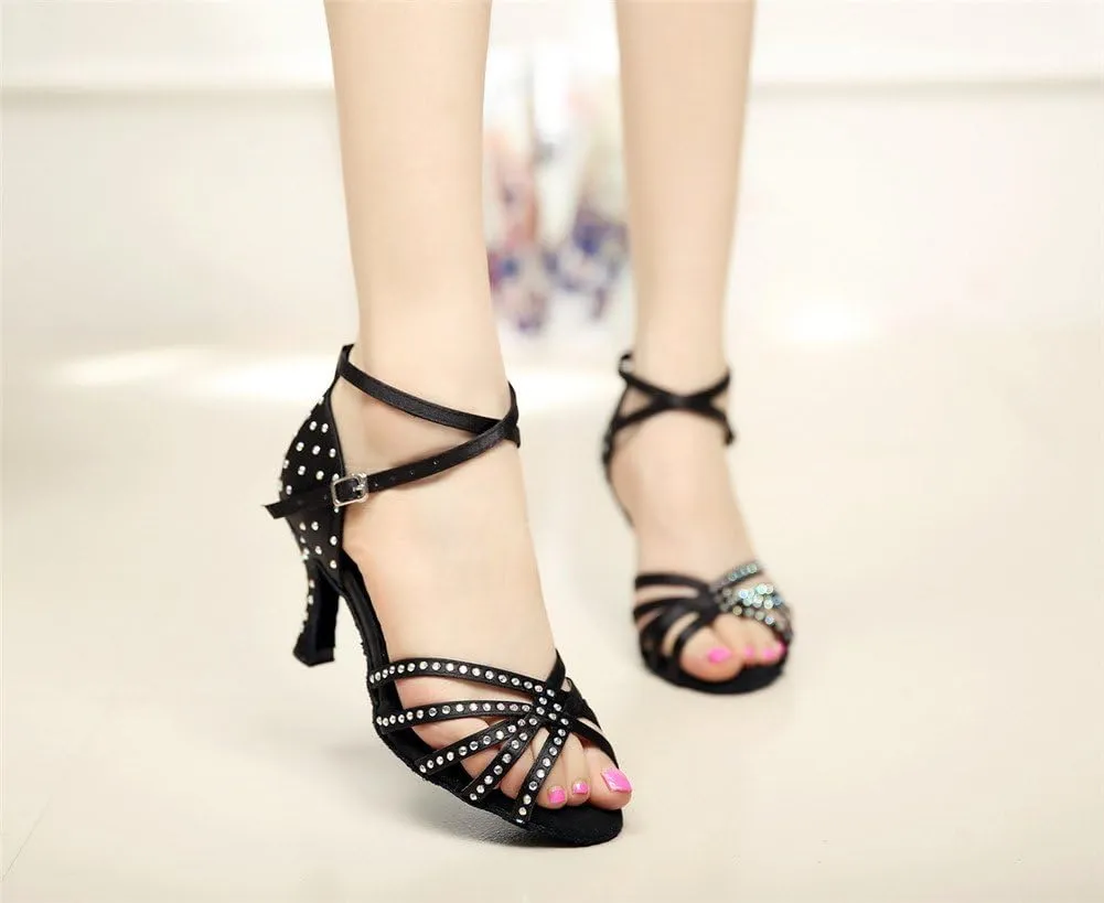WENDYWU Women Latin Shoes Rhinestone Ballroom 4" High Heel Sandals Dance Shoes