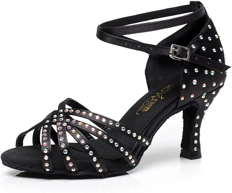 WENDYWU Women Latin Shoes Rhinestone Ballroom 4" High Heel Sandals Dance Shoes