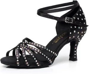 WENDYWU Women Latin Shoes Rhinestone Ballroom 4" High Heel Sandals Dance Shoes
