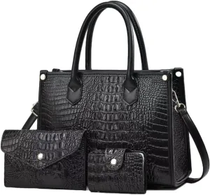 Women 3pcs Handbag and Purse Crocodile Pattern Totes Satchel Clutch Wallet Card Holder