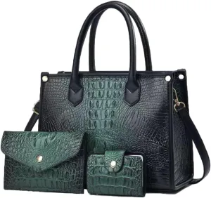 Women 3pcs Handbag and Purse Crocodile Pattern Totes Satchel Clutch Wallet Card Holder