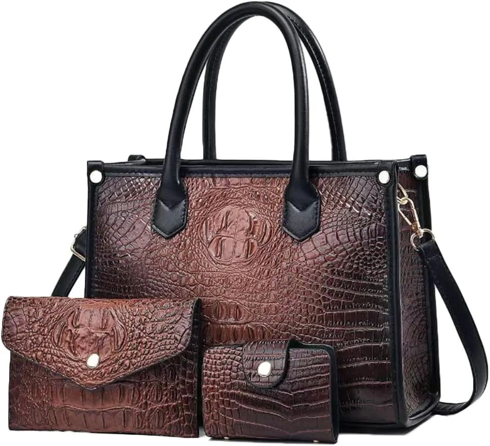 Women 3pcs Handbag and Purse Crocodile Pattern Totes Satchel Clutch Wallet Card Holder