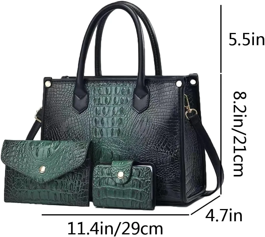 Women 3pcs Handbag and Purse Crocodile Pattern Totes Satchel Clutch Wallet Card Holder