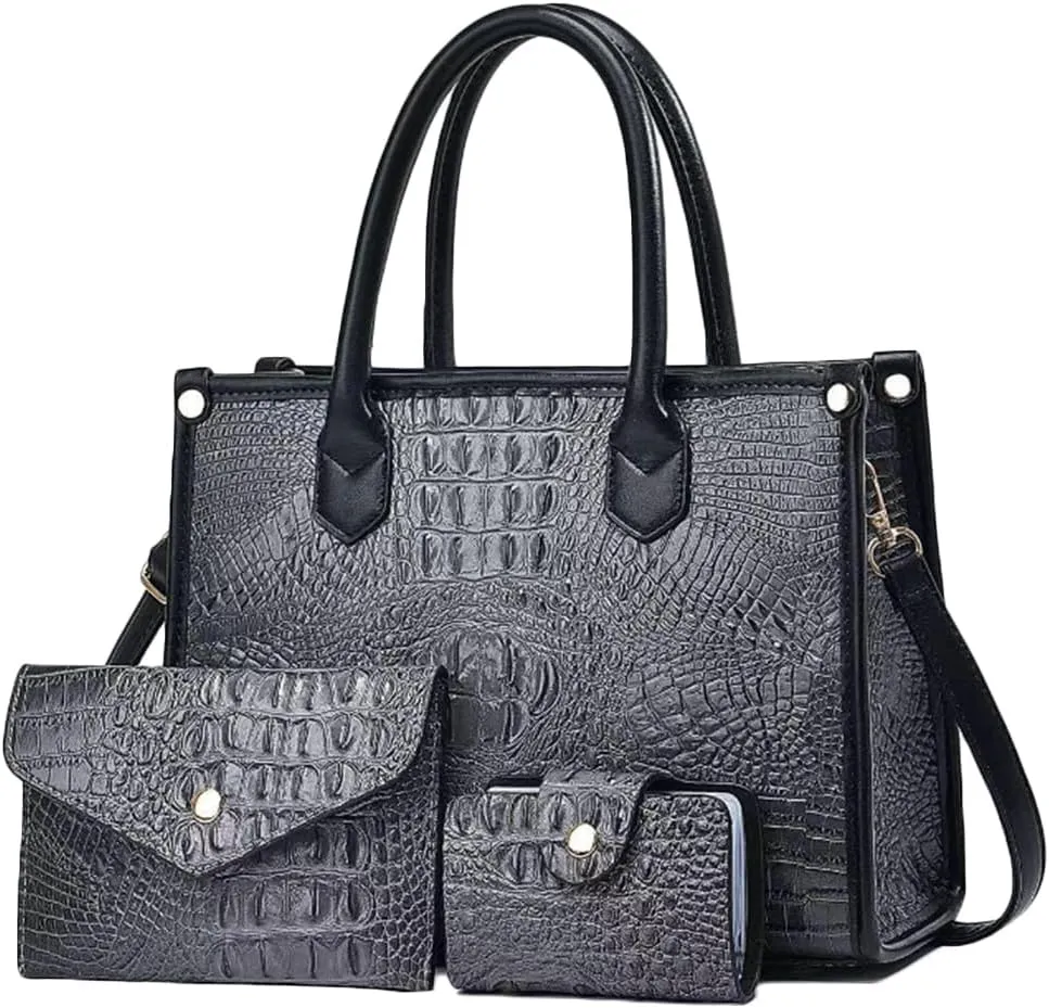 Women 3pcs Handbag and Purse Crocodile Pattern Totes Satchel Clutch Wallet Card Holder
