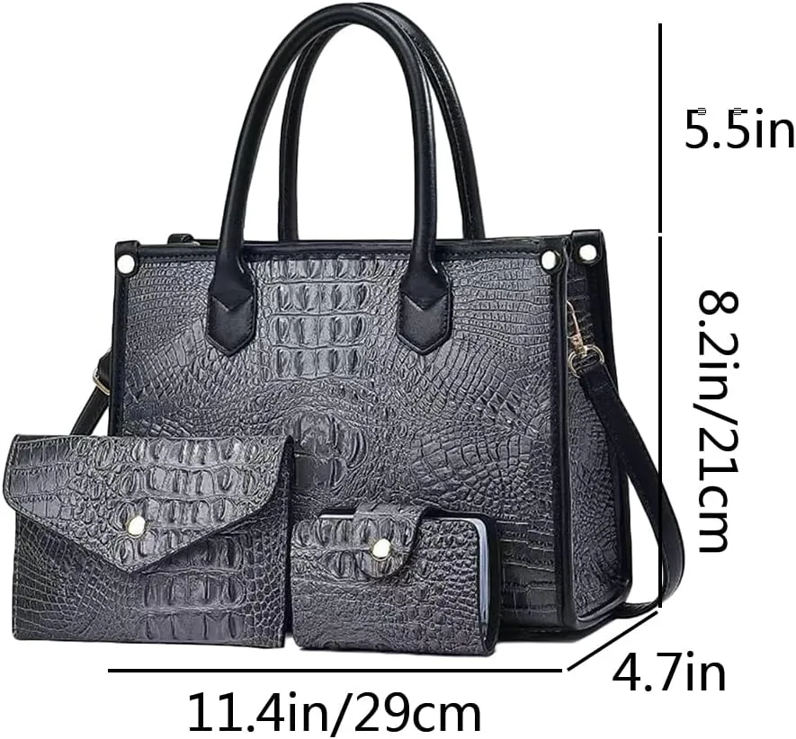 Women 3pcs Handbag and Purse Crocodile Pattern Totes Satchel Clutch Wallet Card Holder