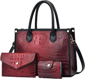 Women 3pcs Handbag and Purse Crocodile Pattern Totes Satchel Clutch Wallet Card Holder