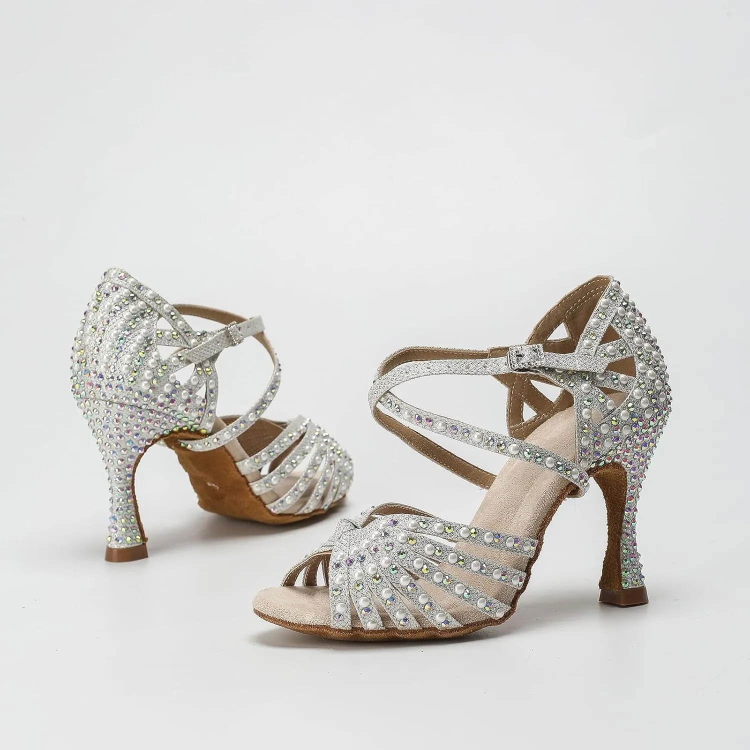 Women Ballroom Dance Shoes Diamond-Studded Fashion High Heel Sandals Latin Salsa Practice Performance Shoes