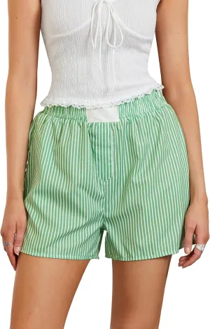 Women Boxer Shorts Stripe Plaid Print Elastic Mid Rise Lounge Shorts Comfy Pajama Shorts Y2K Gingham Shorts Streetwear
