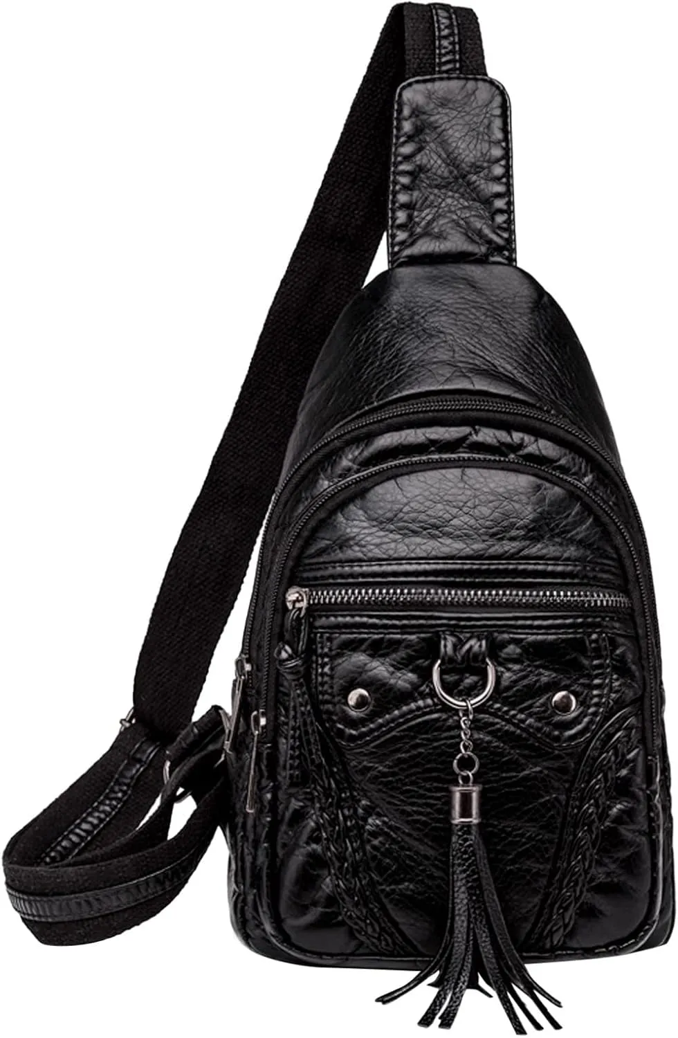 Women Chest Bags Sling Bags Small Crossbody PU Leather Satchel Daypack Fashion Shoulder Strap One (Black, One Size)