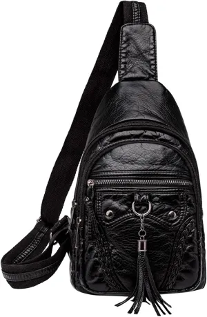 Women Chest Bags Sling Bags Small Crossbody PU Leather Satchel Daypack Fashion Shoulder Strap One (Black, One Size)