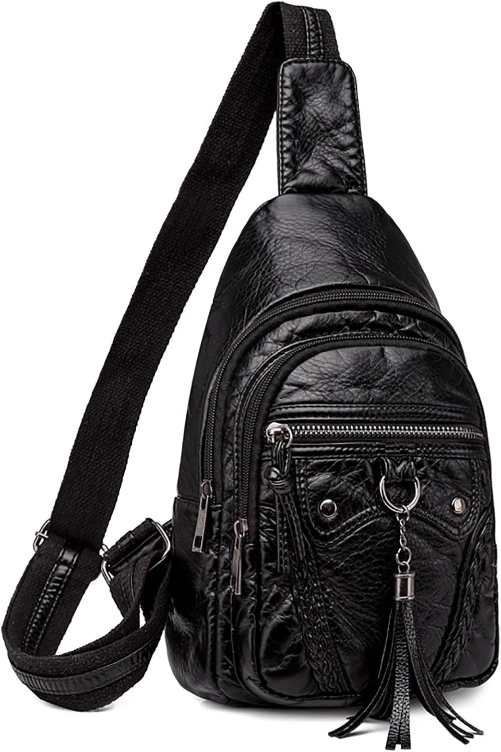 Women Chest Bags Sling Bags Small Crossbody PU Leather Satchel Daypack Fashion Shoulder Strap One (Black, One Size)
