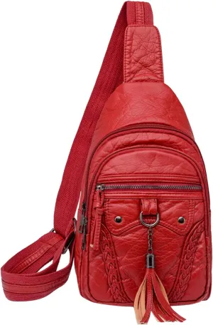 Women Chest Bags Sling Bags Small Crossbody PU Leather Satchel Daypack Fashion Shoulder Strap One (Red, One Size)