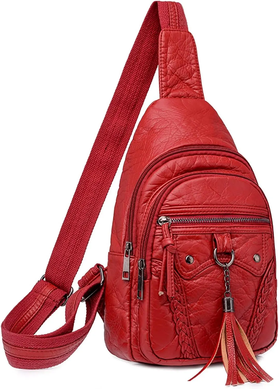 Women Chest Bags Sling Bags Small Crossbody PU Leather Satchel Daypack Fashion Shoulder Strap One (Red, One Size)
