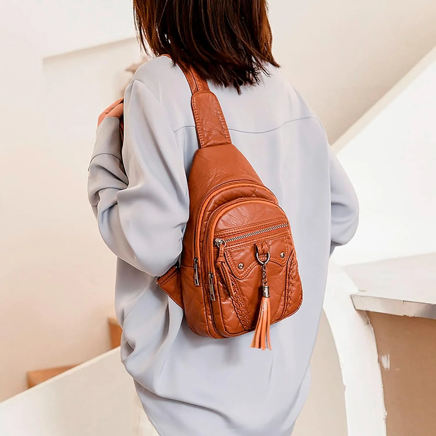 Women Chest Bags Sling Bags Small Crossbody PU Leather Satchel Daypack Fashion Shoulder Strap One Shoulder (A, One Size)