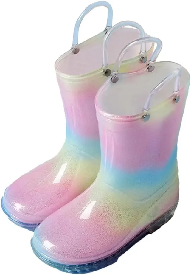 Women Clear Round Toe Flat Pull On Mid Calf Boot Waterproof Jelly Soles Kids Rainbow Rain Boots