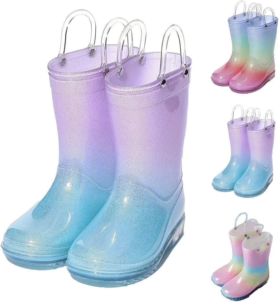 Women Clear Round Toe Flat Pull On Mid Calf Boot Waterproof Jelly Soles Kids Rainbow Rain Boots