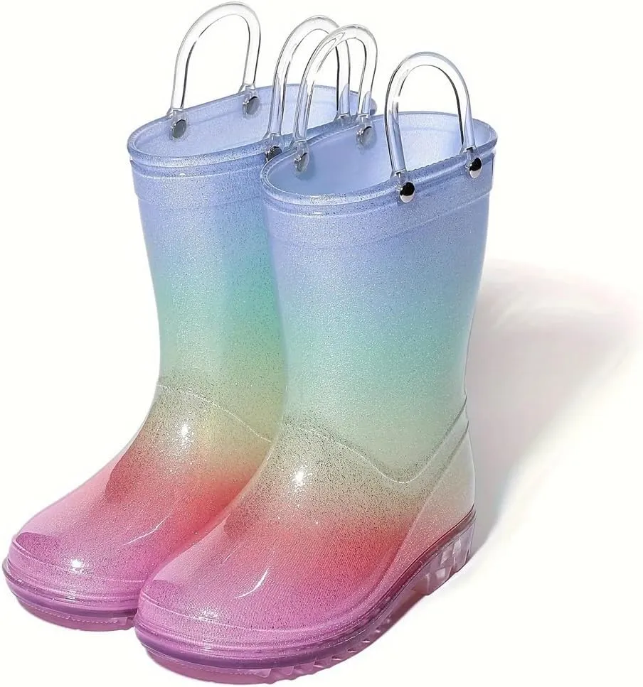 Women Clear Round Toe Flat Pull On Mid Calf Boot Waterproof Jelly Soles Kids Rainbow Rain Boots