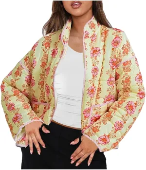 Women Cropped Puffer Jacket Cardigan Floral Print Stand Collar Coats Lightweight Open Front Crop Padded Down Jackets