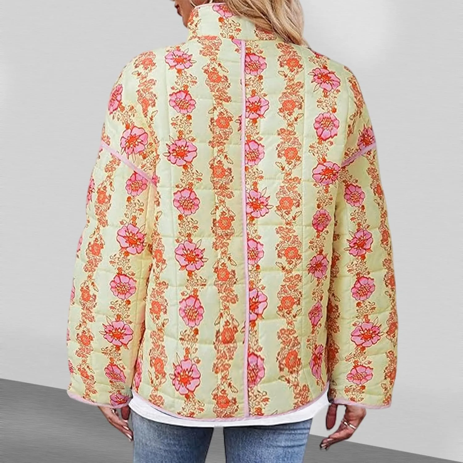 Women Cropped Puffer Jacket Cardigan Floral Print Stand Collar Coats Lightweight Open Front Crop Padded Down Jackets