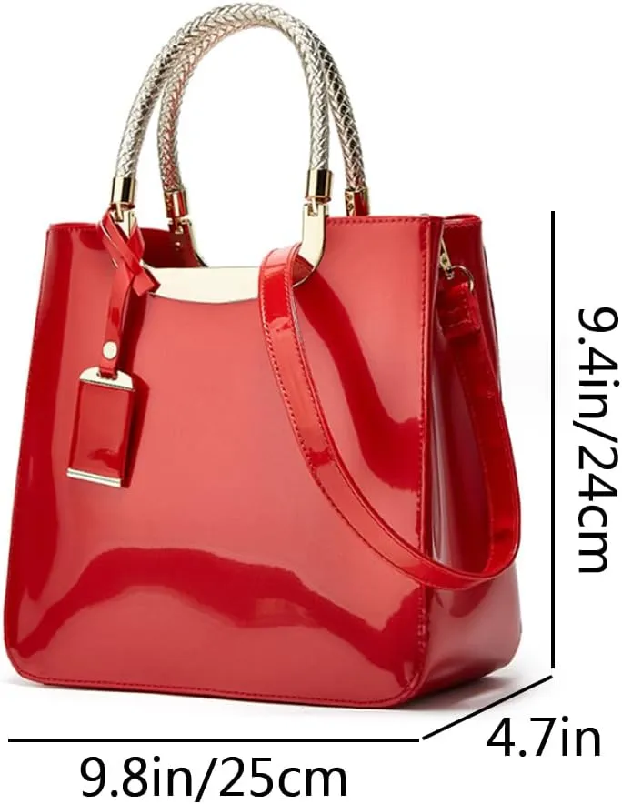 Women Elegant Top Handle Handbag Totes Purse Glossy Patent PU Leather Satchel Shoulder Bag