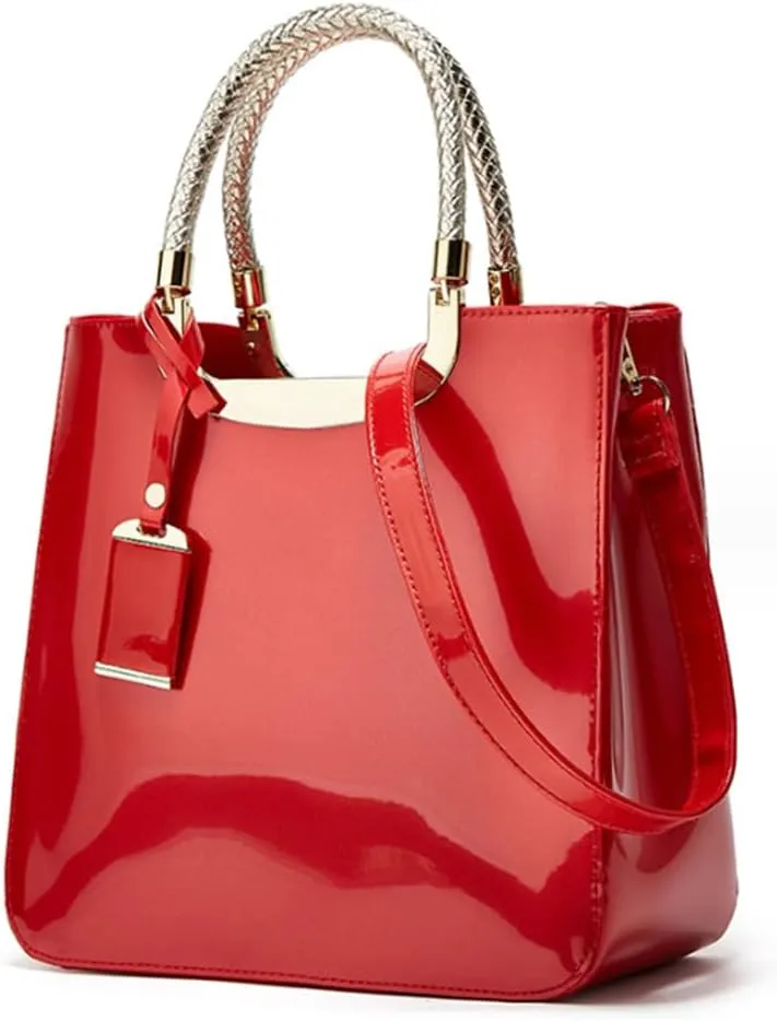 Women Elegant Top Handle Handbag Totes Purse Glossy Patent PU Leather Satchel Shoulder Bag