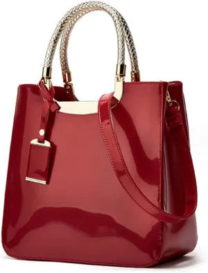 Women Elegant Top Handle Handbag Totes Purse Glossy Patent PU Leather Satchel Shoulder Bag
