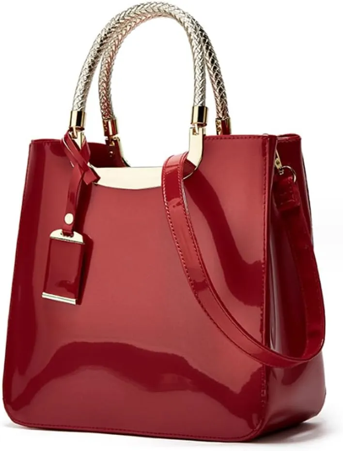 Women Elegant Top Handle Handbag Totes Purse Glossy Patent PU Leather Satchel Shoulder Bag