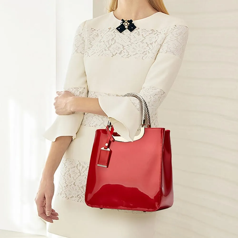 Women Elegant Top Handle Handbag Totes Purse Glossy Patent PU Leather Satchel Shoulder Bag