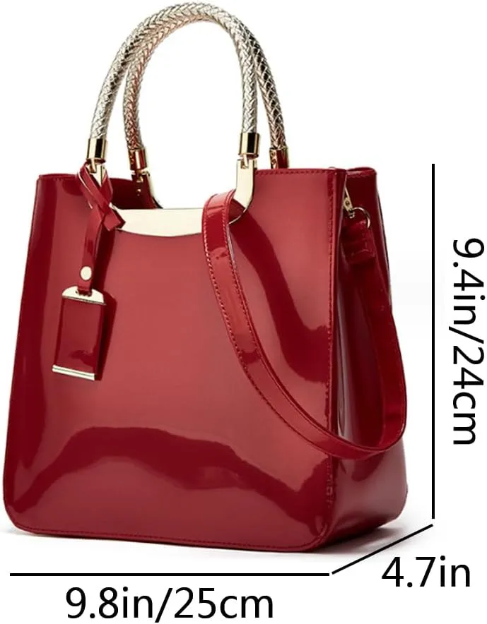 Women Elegant Top Handle Handbag Totes Purse Glossy Patent PU Leather Satchel Shoulder Bag