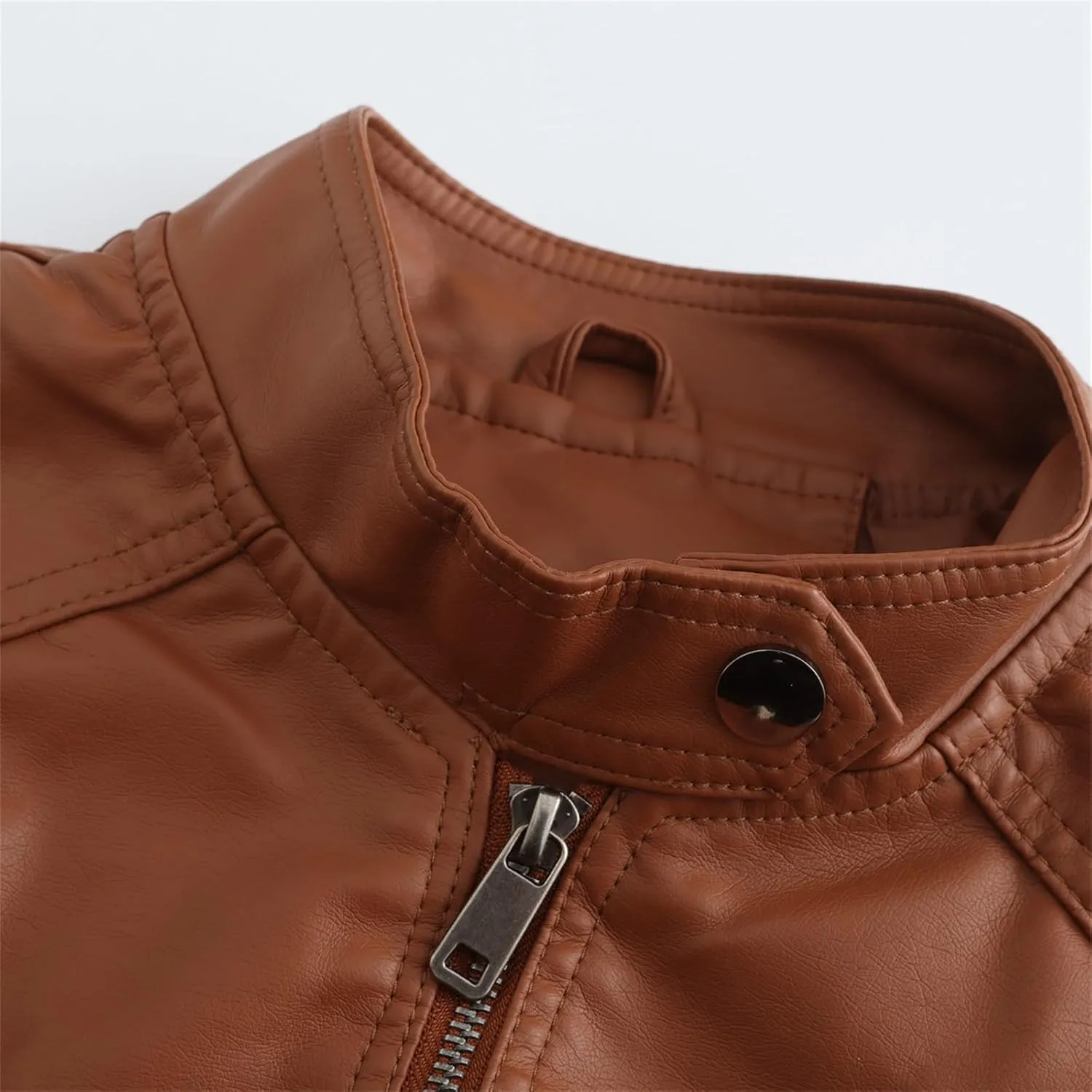 Women Faux Leather Jacket Fall and Winter Zip Up Leather Bomber Jacket Stand Collar Moto Biker Coat Pockets Outwear