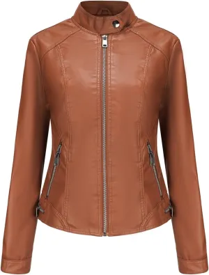 Women Faux Leather Jacket Fall and Winter Zip Up Leather Bomber Jacket Stand Collar Moto Biker Coat Pockets Outwear