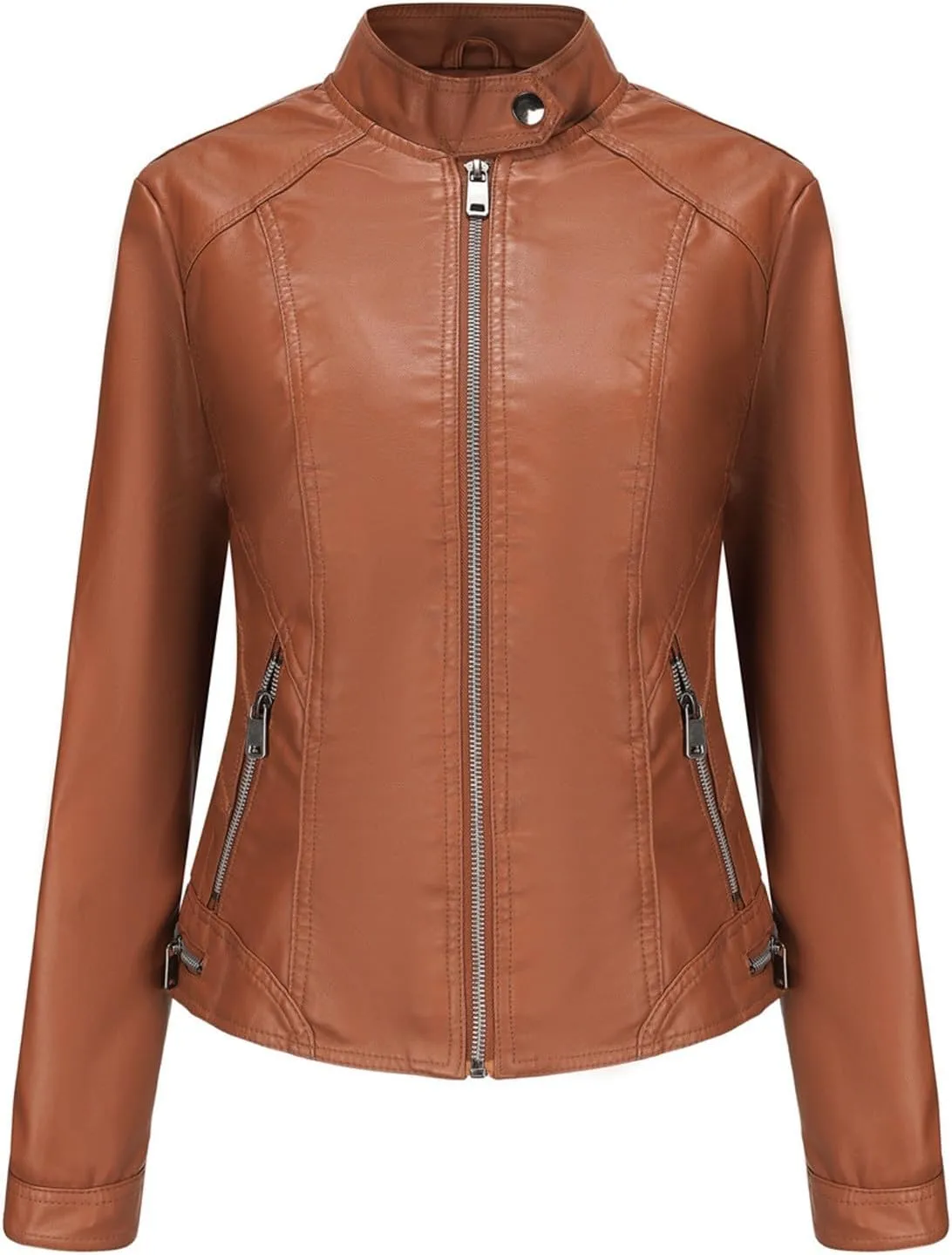 Women Faux Leather Jacket Fall and Winter Zip Up Leather Bomber Jacket Stand Collar Moto Biker Coat Pockets Outwear